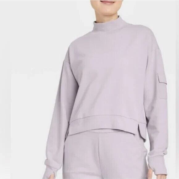 All In Motion French Terry Sweatshirt Size M Lilac Cropped Mock Neck Thumb Holes - Picture 1 of 10